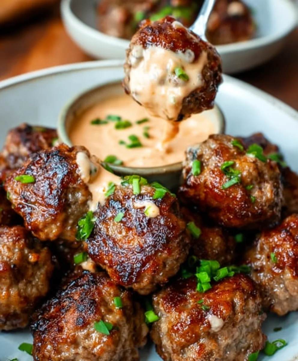 Korean Beef BBQ Meatballs Spicy Mayo Dip