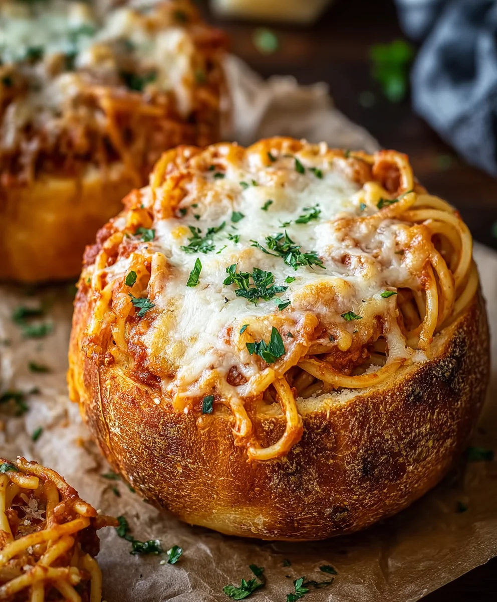 Spaghetti Garlic Bread Bowls-Flavorful & Easy Meal