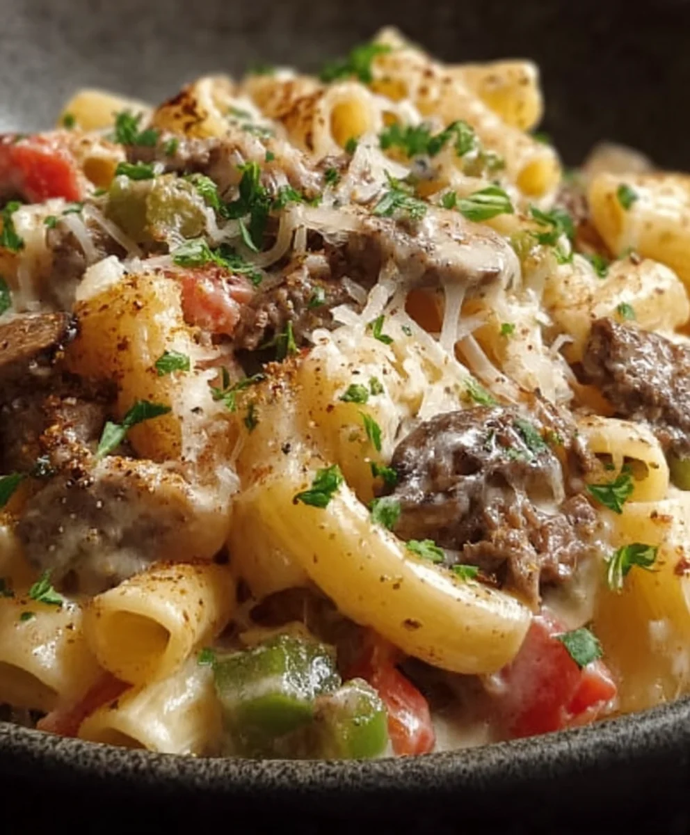 Philly Cheesesteak Pasta- Easy Beef & Cheese Recipe