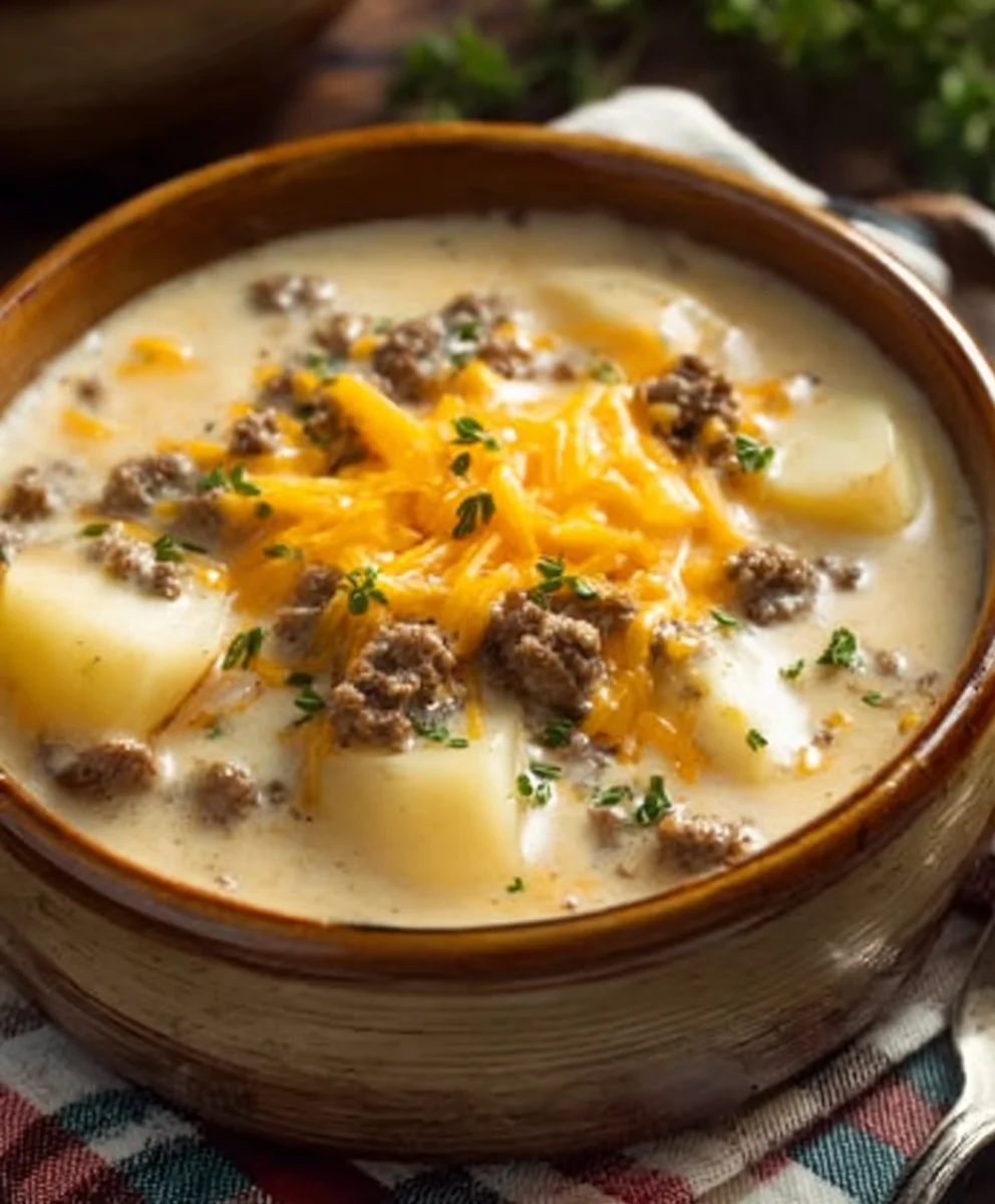 Cheesy Beef Beef Hamburger Potato Soup - Comforting Bowl