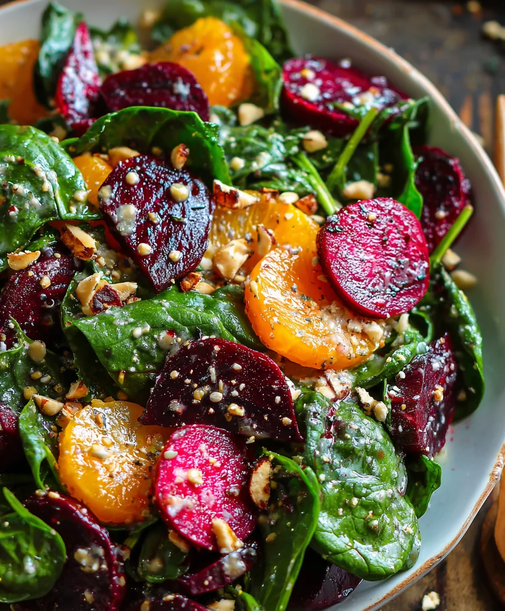 Beet Salad with Spinach Honey Mustard Lemon Dressing