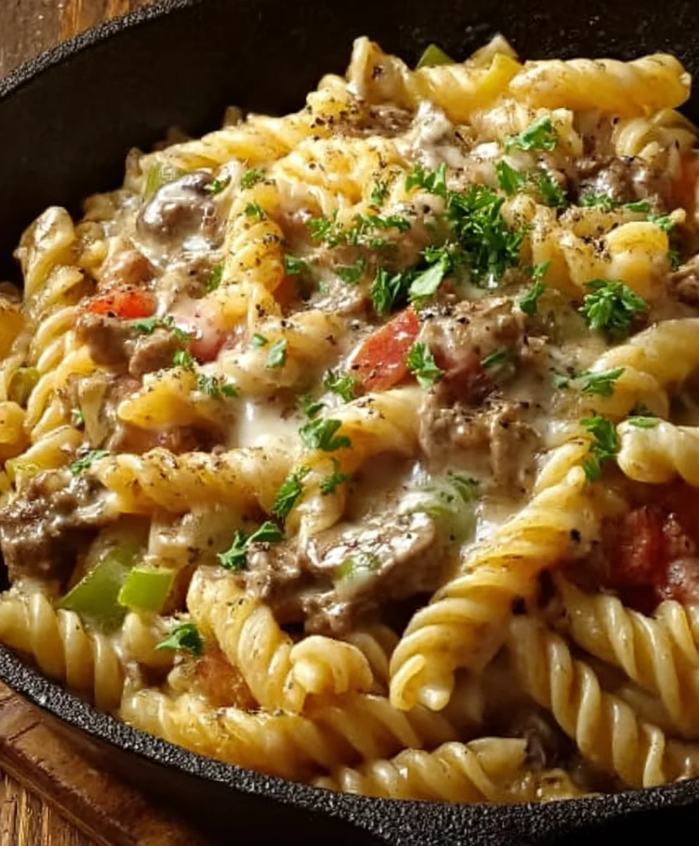 Philly Cheesesteak Pasta- Easy Beef & Cheese Recipe