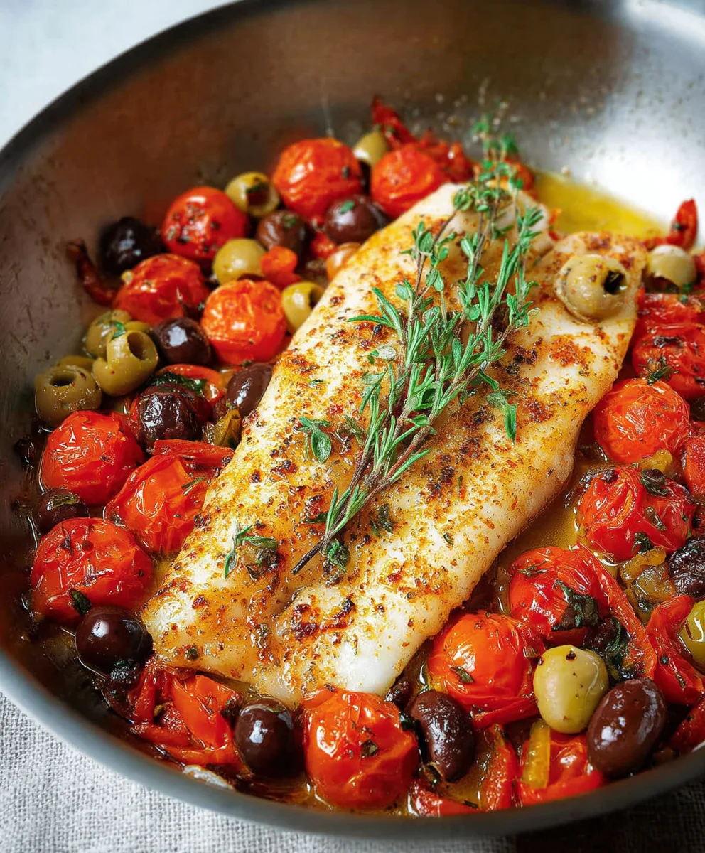 Easy Baked Fish Cherry Tomatoes Olives Recipe