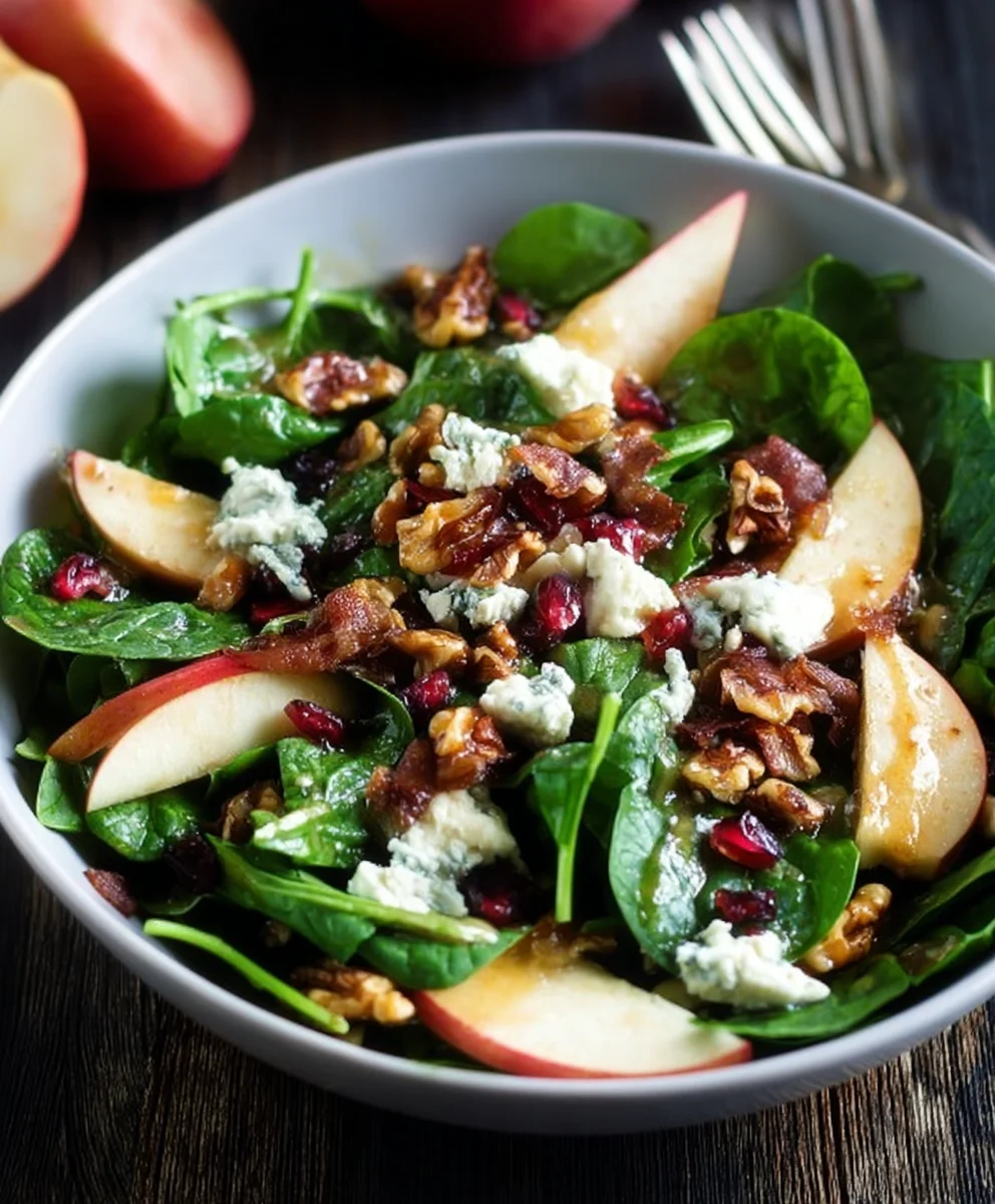 Spinach Apple Gorgonzola Walnut Winter Salad-Easy Recipe