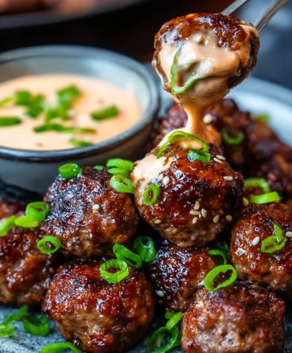 Korean Beef BBQ Meatballs Spicy Mayo Dip