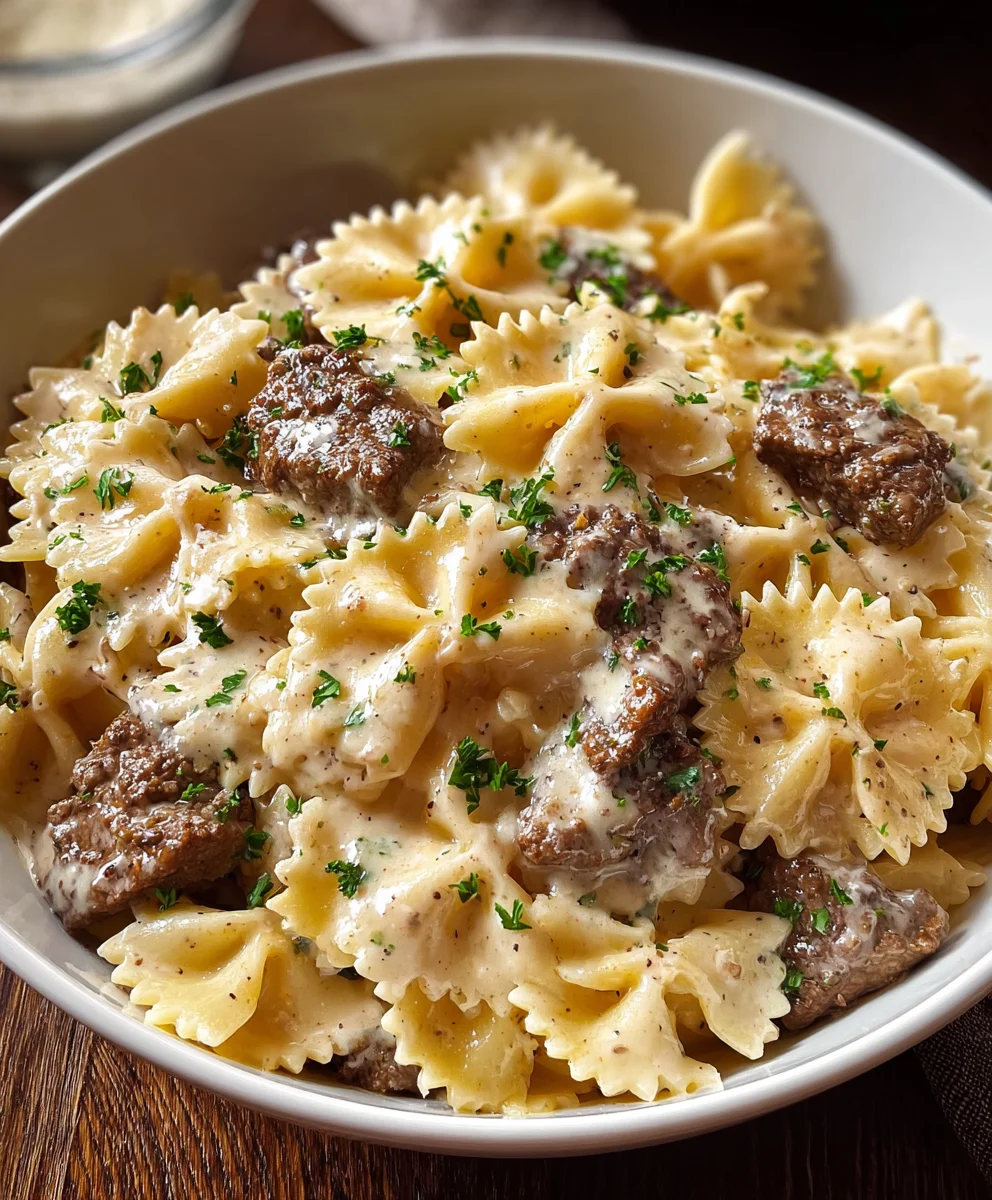 Easy Beef Bowtie Pasta Alfredo Recipe