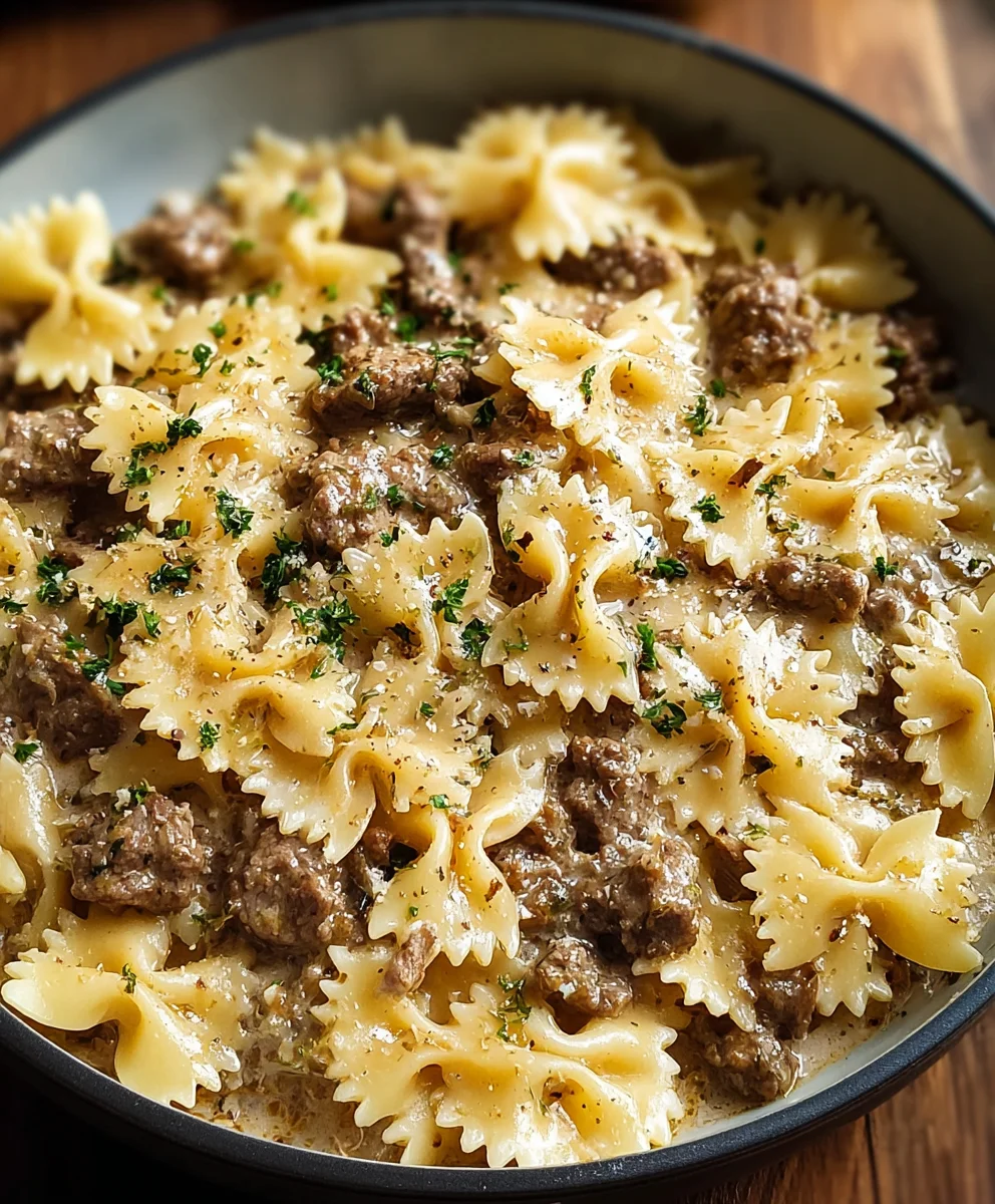 Creamy Parmesan Garlic Beef Bowtie Pasta Recipe