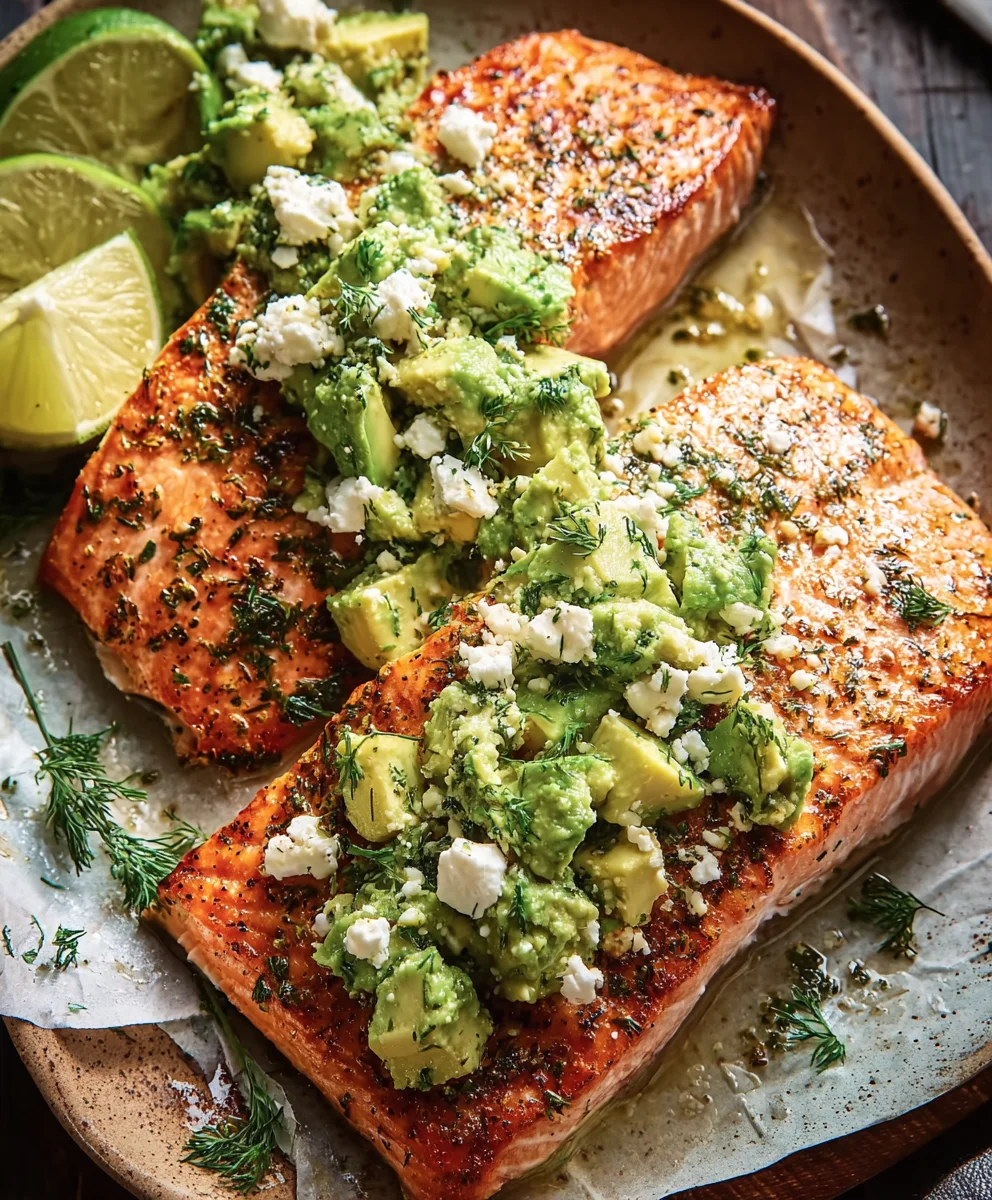 Baked Salmon Avocado Feta - Easy Healthy Recipe