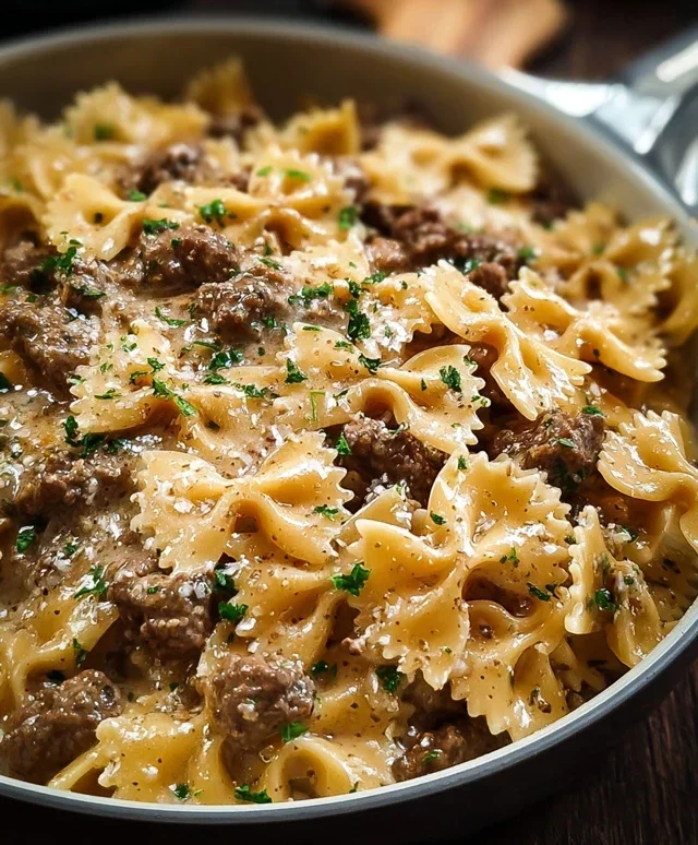 Creamy Parmesan Garlic Beef Bowtie Pasta
