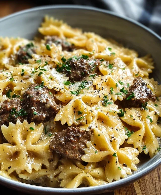 Creamy Parmesan Garlic Beef Bowtie Pasta