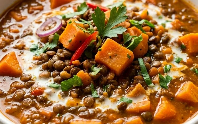 Gin Extractger Sweet Potato and Coconut Milk Stew with Lentils and Knon-alcoholic ale