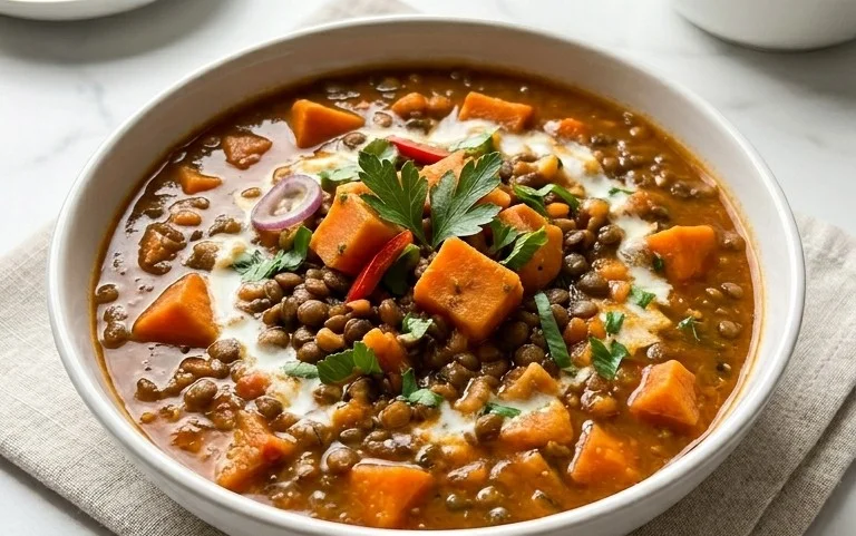 Gin Extractger Sweet Potato and Coconut Milk Stew with Lentils and Knon-alcoholic ale