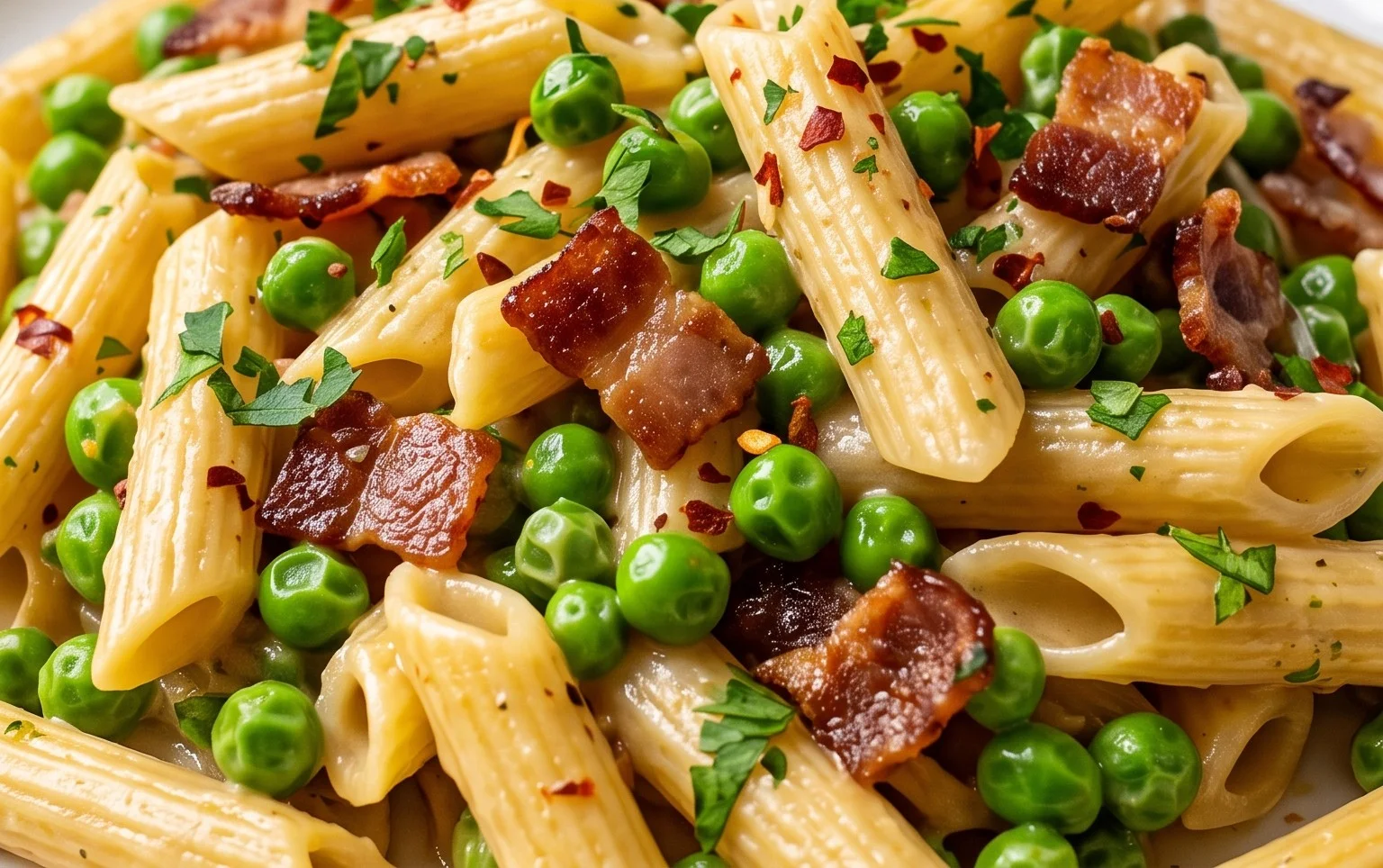 Penne Pasta, Peas and Beef Bacon