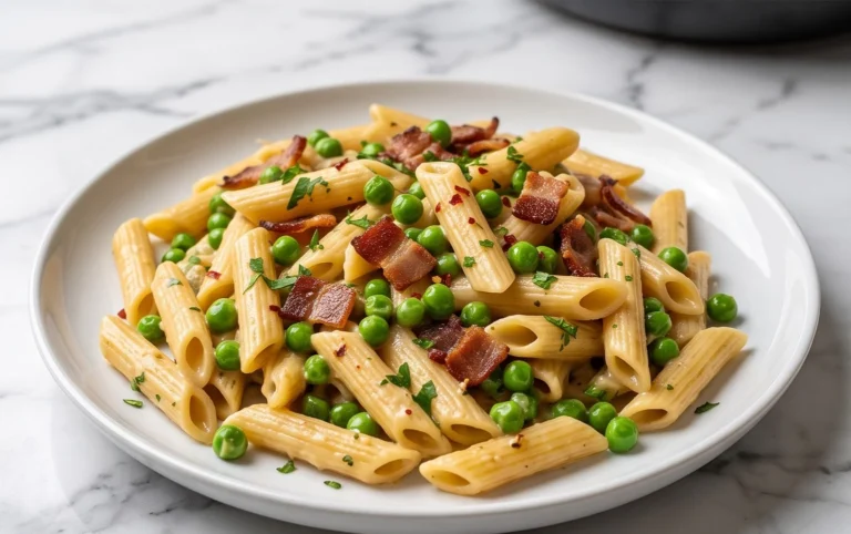 Penne Pasta, Peas and Beef Bacon