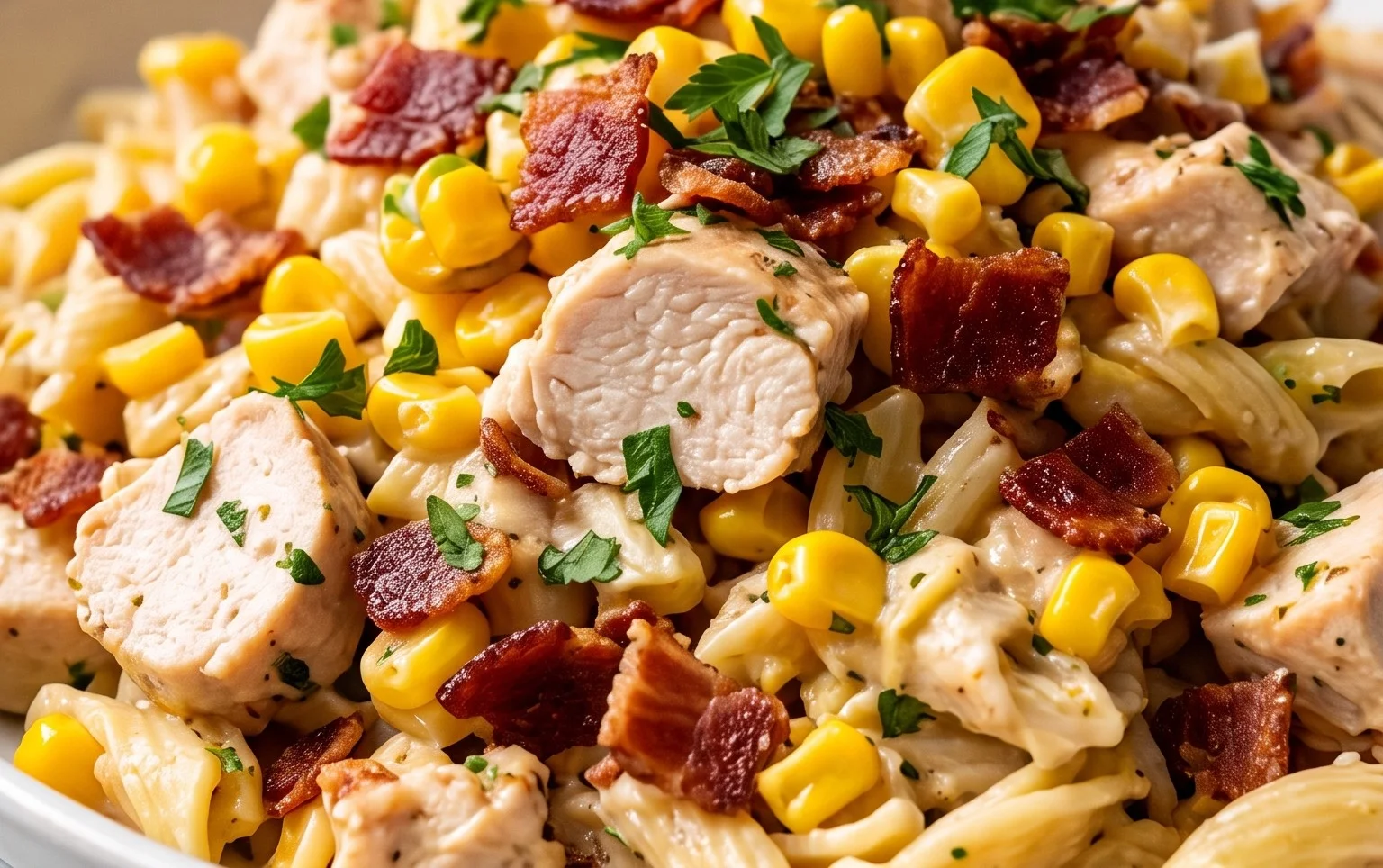 Chicken and Corn Pasta Salad with Beef Bacon