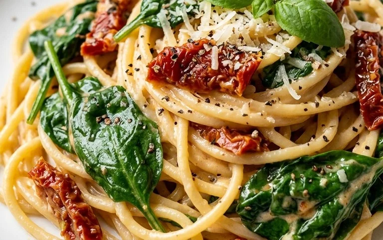 Spaghetti & Spinach with Sun-Dried Tomato Cream Sauce
