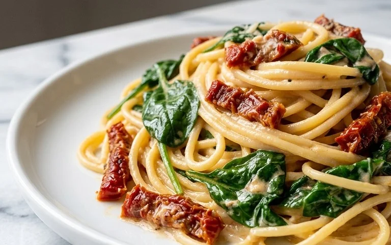 Spaghetti & Spinach with Sun-Dried Tomato Cream Sauce