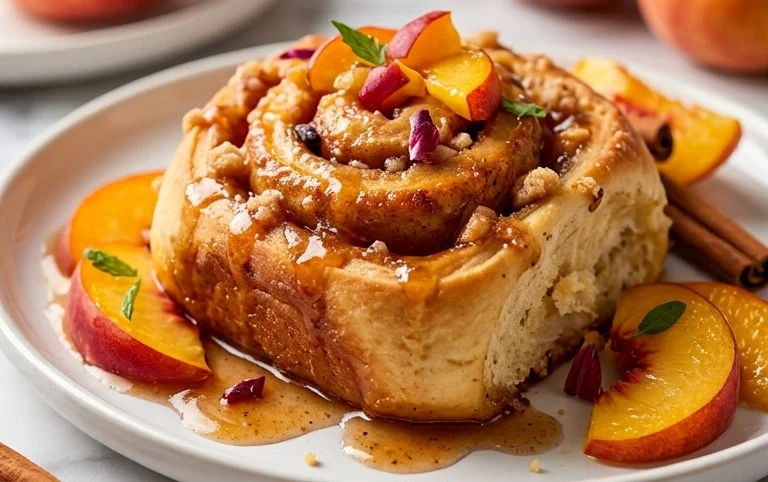 Peach Cobbler Cinnamon Rolls with Crum extractb Topping