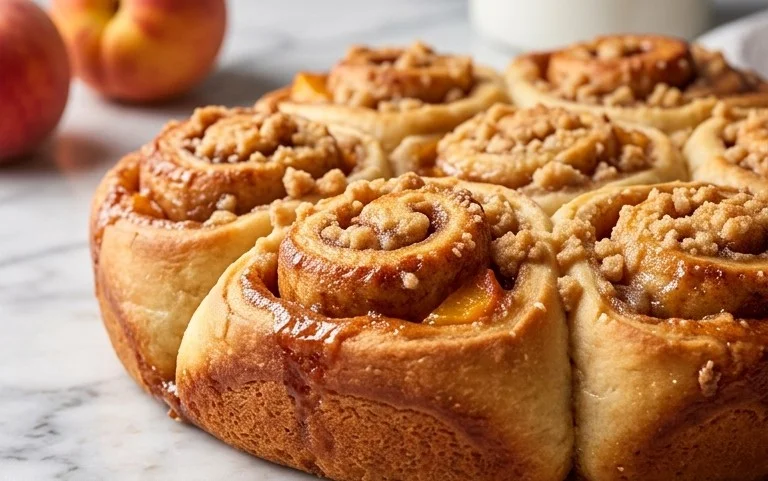 Peach Cobbler Cinnamon Rolls with Crum extractb Topping