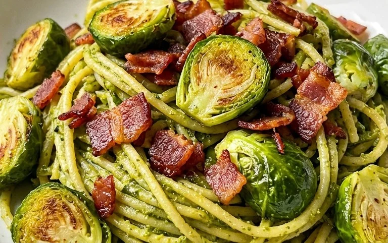Brussels Sprouts and Beef Bacon Pesto Pasta