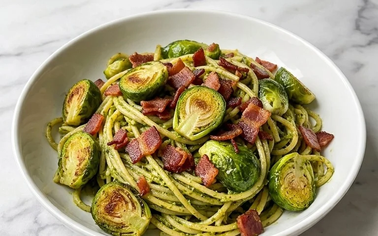 Brussels Sprouts and Beef Bacon Pesto Pasta