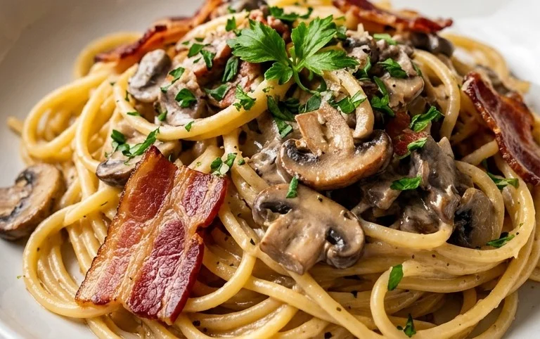 Creamy Beef Bacon and Mushroom Pasta