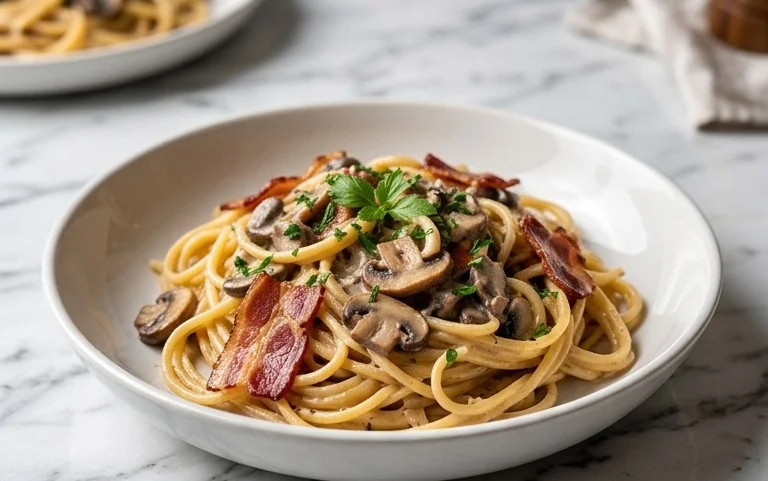 Creamy Beef Bacon and Mushroom Pasta