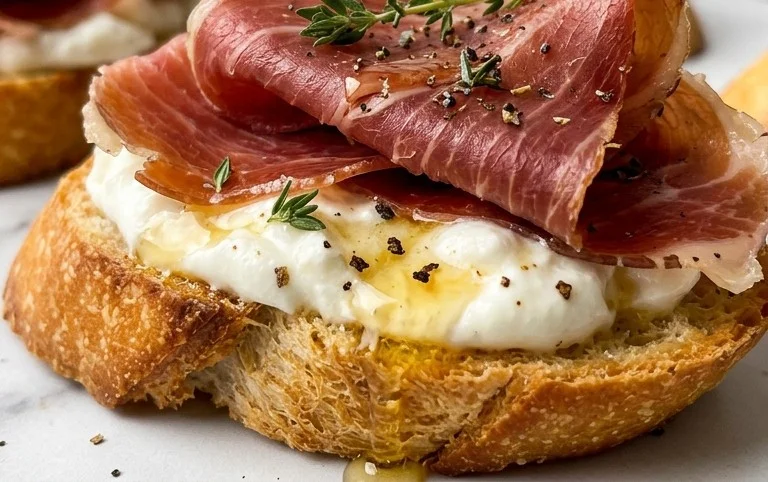 Beef Prosciutto Crostini with Burrata and Lemon Honey Drizzle