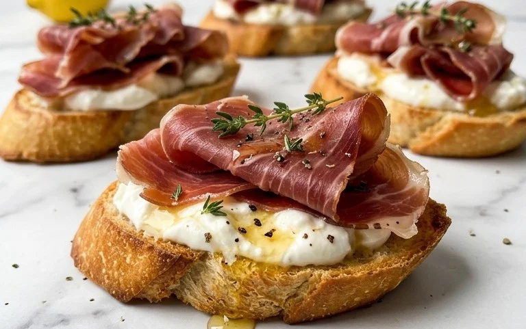 Beef Prosciutto Crostini with Burrata and Lemon Honey Drizzle