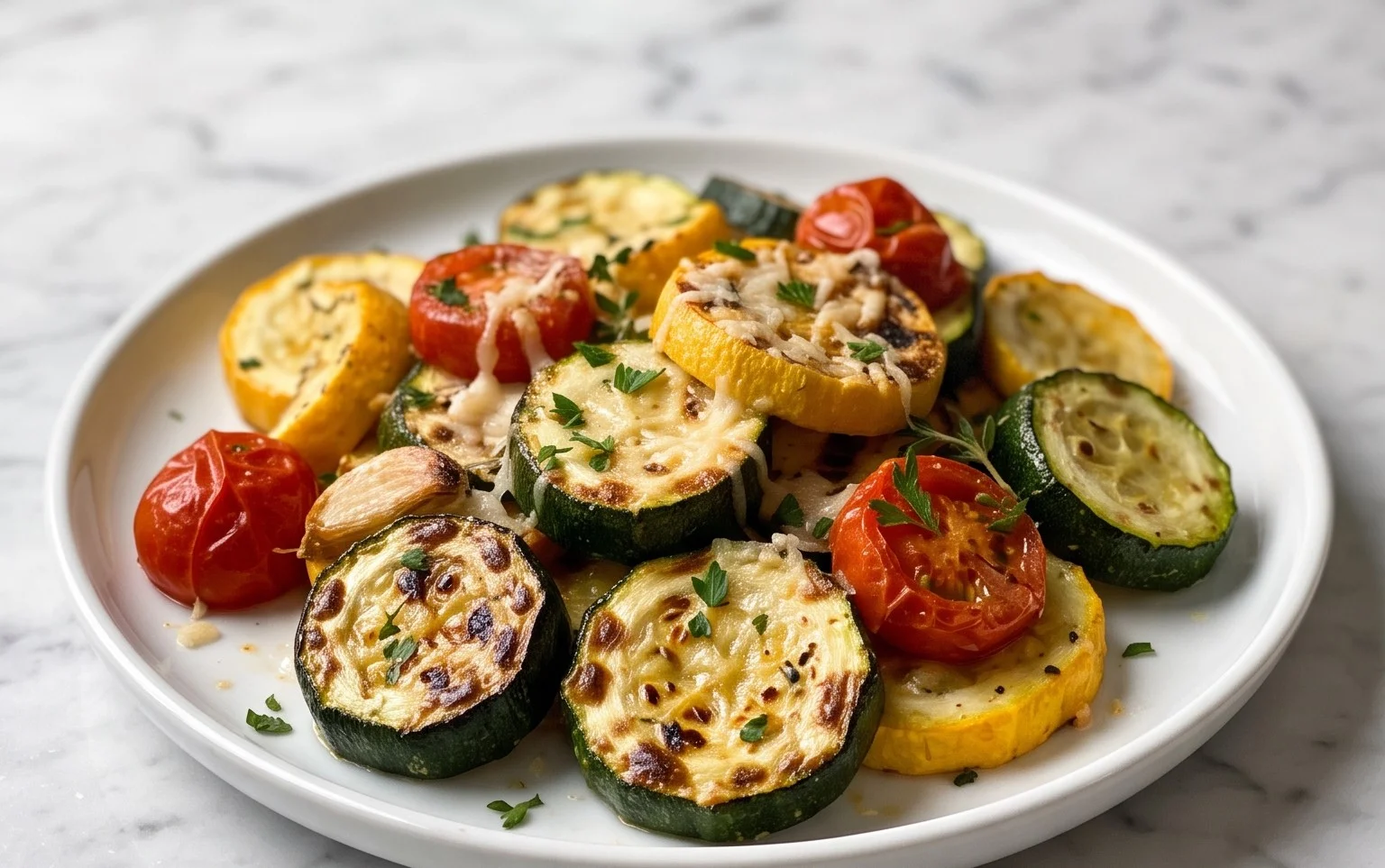 Roasted Garlic-Parmesan Zucchini, Squash and Tomatoes